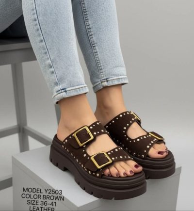 2503 Σανδάλια Flatform με Διπλές Τόκες & Τρούκς σε καφέ