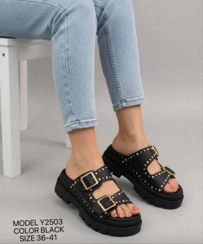 2503 Σανδάλια Flatform με Διπλές Τόκες & Τρούκς σε μαύρο